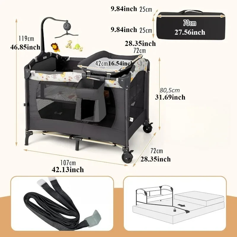 Lit bébé pliable 4-en-1 CPull, lit bébé réglable recommandé avec table proxy, lit d'appoint mobile, accent bébé avec jouet musical