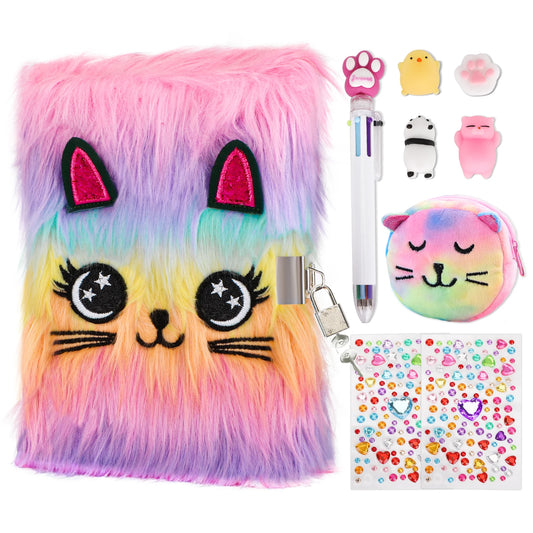 Journal fille avec cadenas, carnet secret chat avec serrure à combinaison pour enfants, journal intime privé, stylo rétractable multicolore, autocollant, portefeuille, porte-clés pour enfants