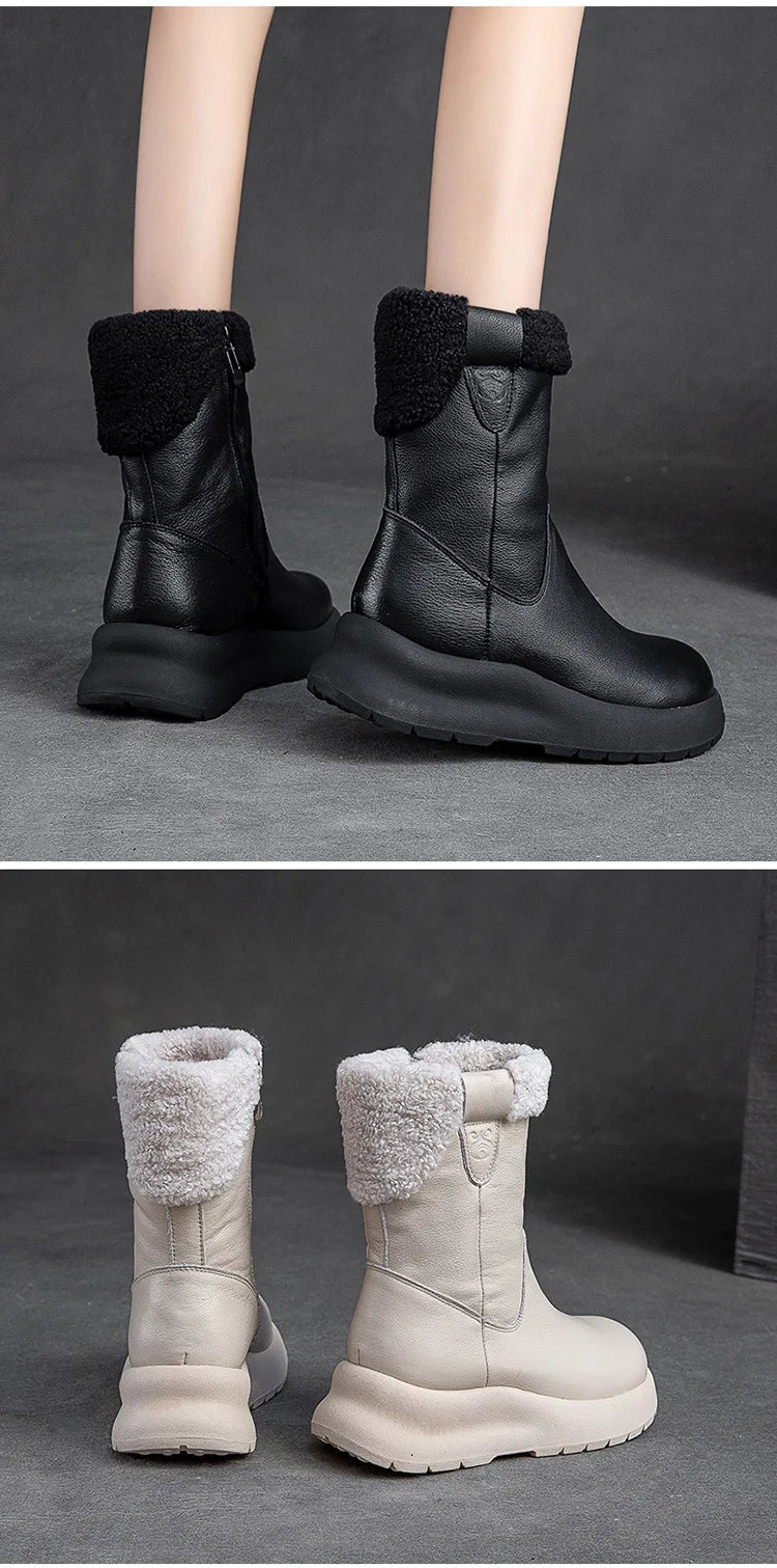 Careaymade-Bottes de neige mi-longues en cuir véritable pour femme