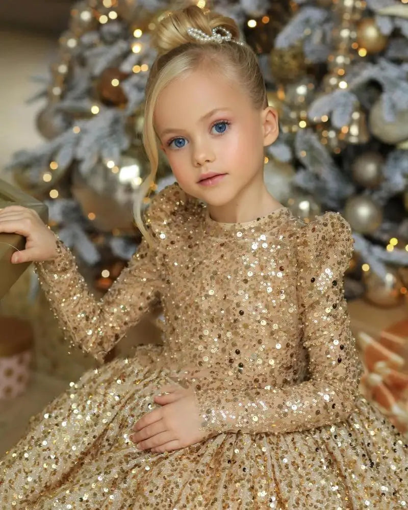 Robe de princesse à manches longues et col rond pour enfants, vêtements pour enfants, paillettes dorées, nœud papillon