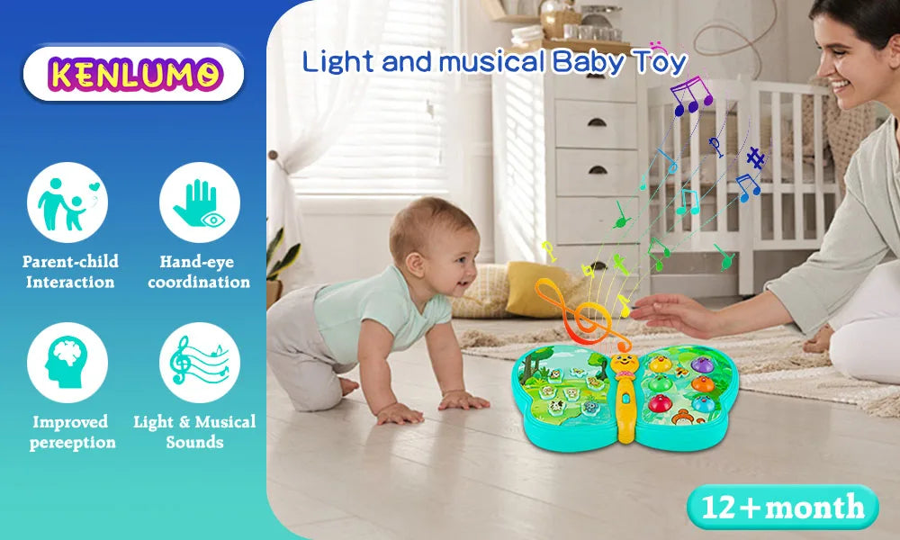 KENLUMO Jouet musical interactif papillon pour les tout-petits, sons d’animaux, jeux, lumière de flash, éducation précoce, garçon et fille de 1 an 12+ mois