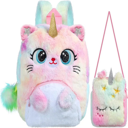 NEEVAS Ensemble sac à dos et sac à main mignon licorne chat kawaii coloré en peluche sac d'école, sac à bandoulière, sac à bandoulière doux, cadeau pour enfants filles