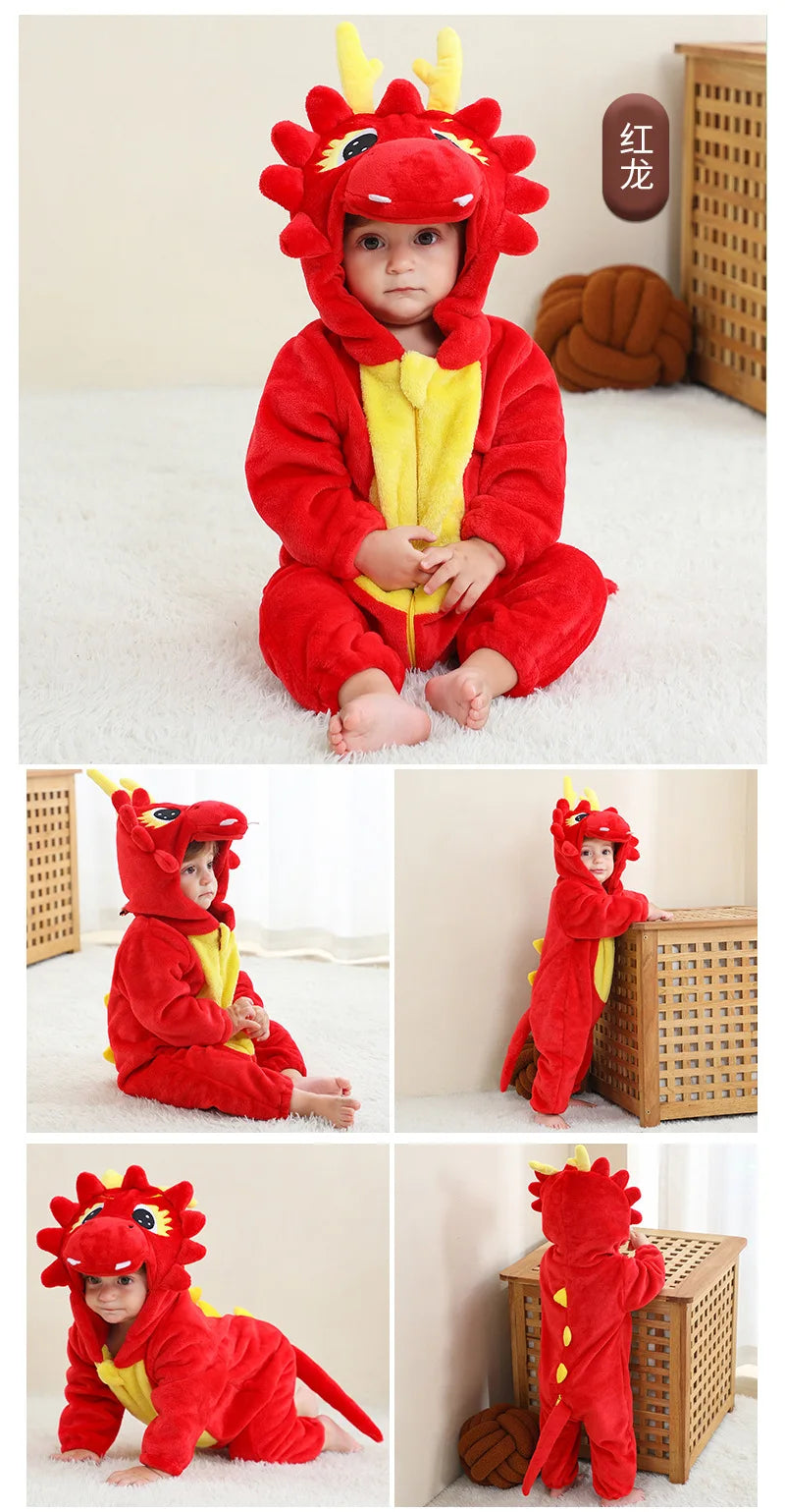 Barboteuse d'Hiver pour Bébé Garçon , Combinaison à Capuche, Tenue d'Hiver, Dragon ,Rouge, Pyjama