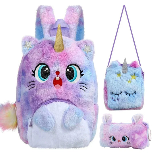 NEEVAS Ensemble sac à dos et sac à main mignon licorne chat kawaii coloré en peluche sac d'école, sac à bandoulière,3 pièces, cadeau pour enfants filles