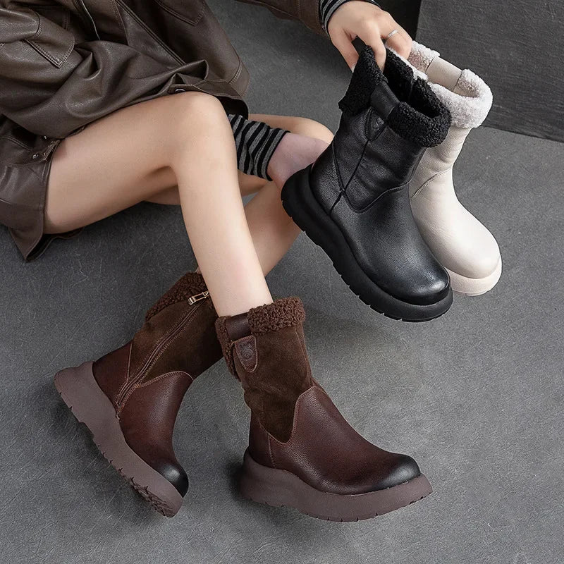 Careaymade-Bottes de neige mi-longues en cuir véritable pour femme