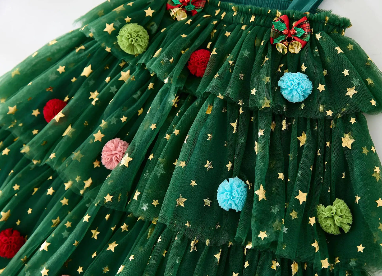 Robe de Noël filles bretelle sans manches étoile imprimé dentelle superposée tulle robe d’été avec épingle à cheveux arbre de Noël