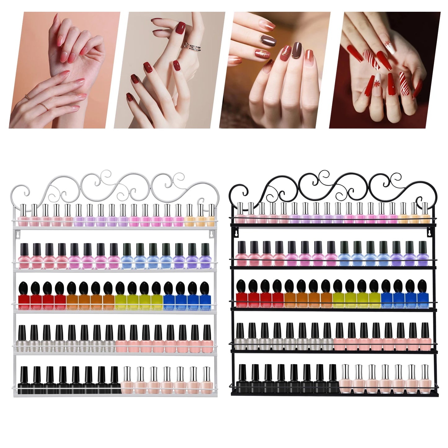 Rangement de vernis à ongles à 5 niveaux Etagère murale en métal Rangement de vernis à ongles à fixation murale Rangement d'huiles essentielles et d'aromathérapie Support de rouge à lèvres (blanc)