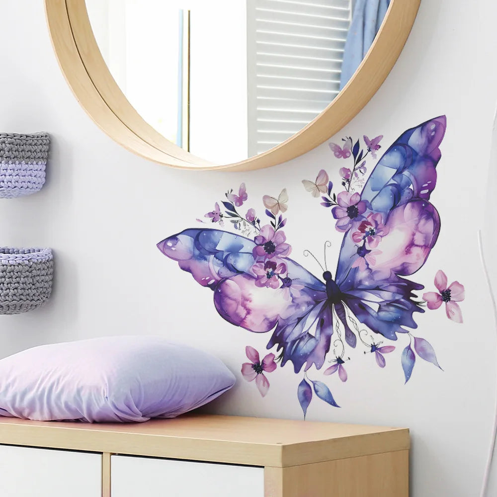 Fleurs violettes papillon fille chambre porche fond décoration exquise stickers muraux décoration murale