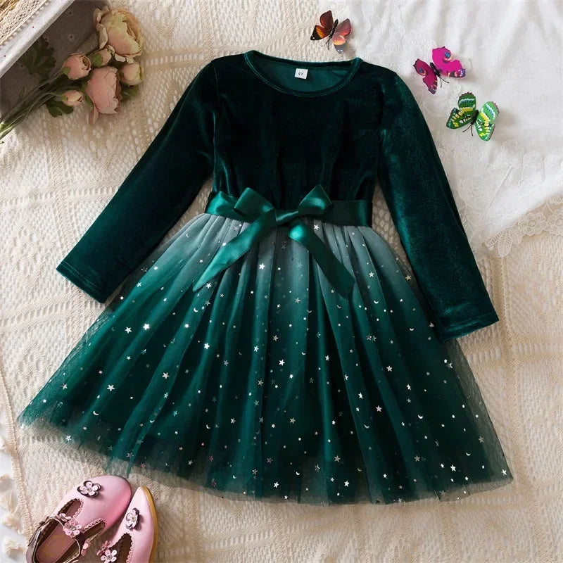 Robe de Noël rouge / vert pour les filles Hiver Paillettes Volant Manches longues Princesse Robes Costume de fête d’anniversaire pour enfants 3-8 ans