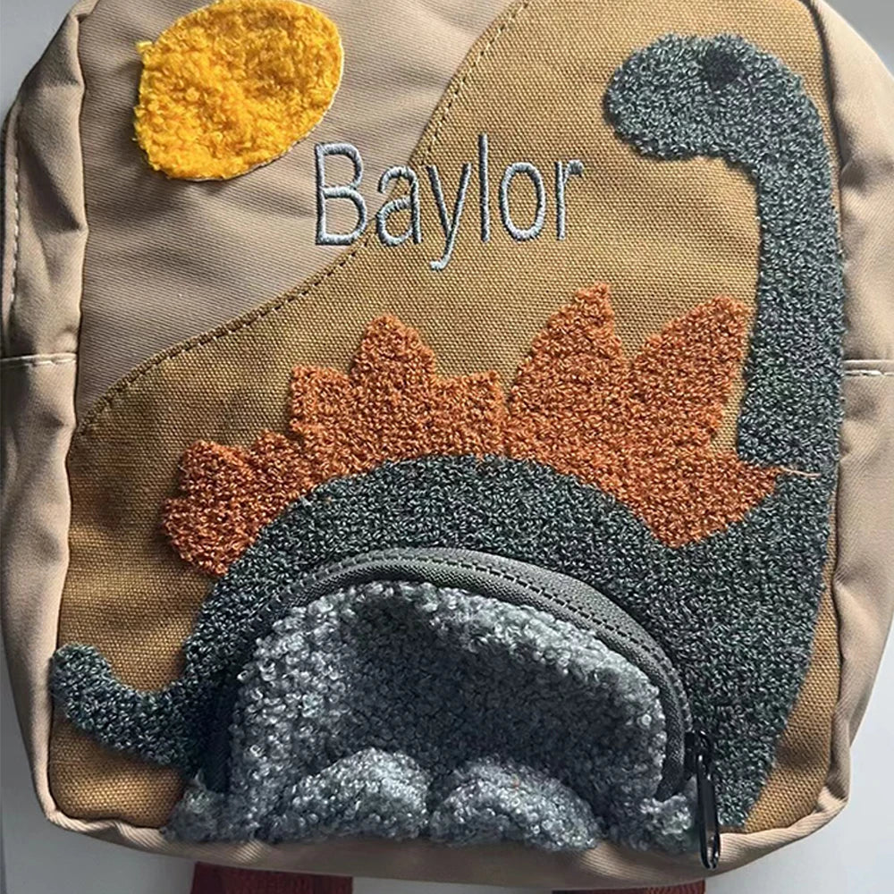 Sac à Dos en Toile à Motif de Dinosaure de Dessin Animé pour Garçon et Fille, Cartable Personnalisé avec Nom Brodé 3-6 ans