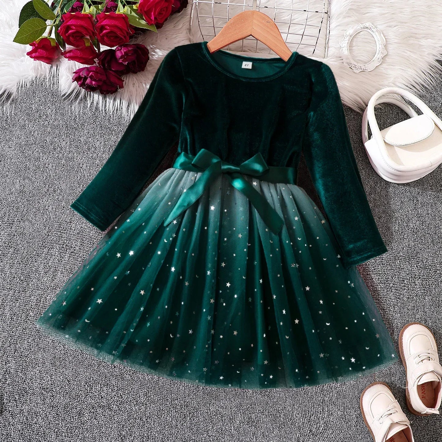 Robe de Noël rouge / vert pour les filles Hiver Paillettes Volant Manches longues Princesse Robes Costume de fête d’anniversaire pour enfants 3-8 ans