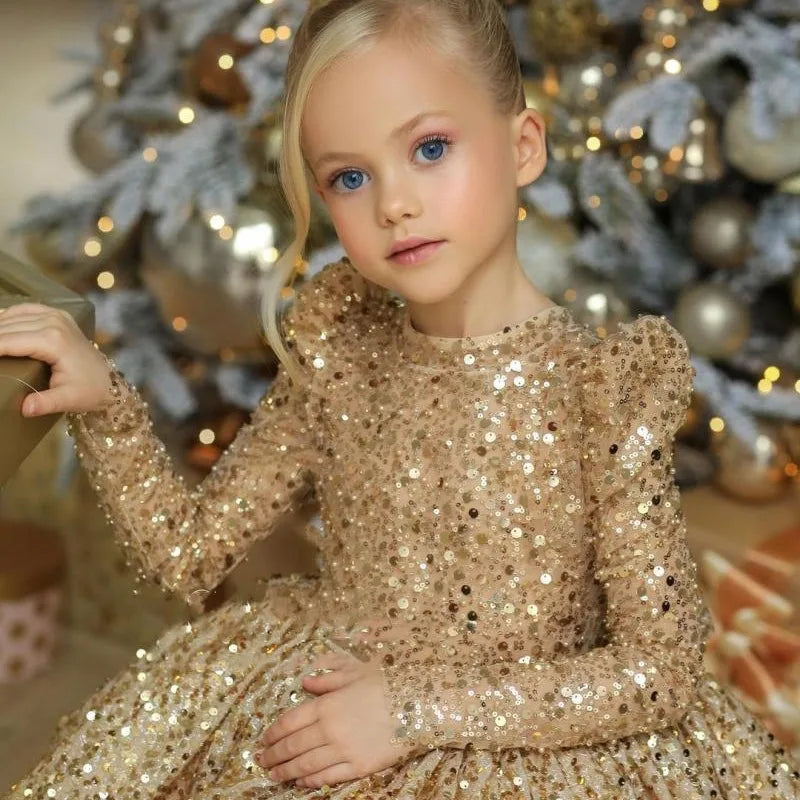 Robe de princesse à manches longues et col rond pour enfants, vêtements pour enfants, paillettes dorées, nœud papillon