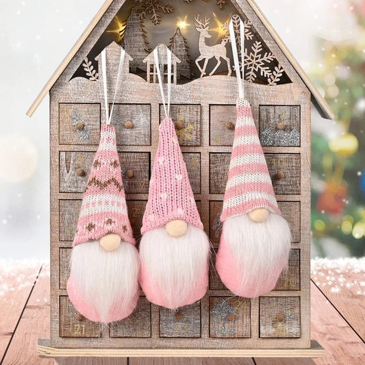 3Pcs Mini poupée de Noël suspendue arbre de Noël pendentif poupée en peluche rose, blanc