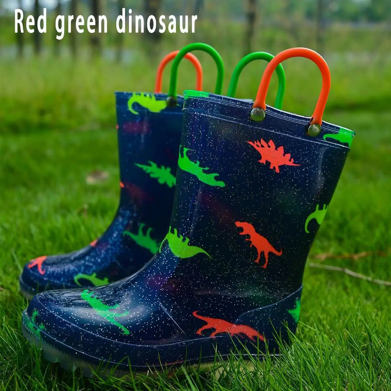 Bottes de pluie en PVC scintillantes de dinosaure de dessin animé mignon pour enfants, chaussures d'eau anti-eau imperméables 26-32