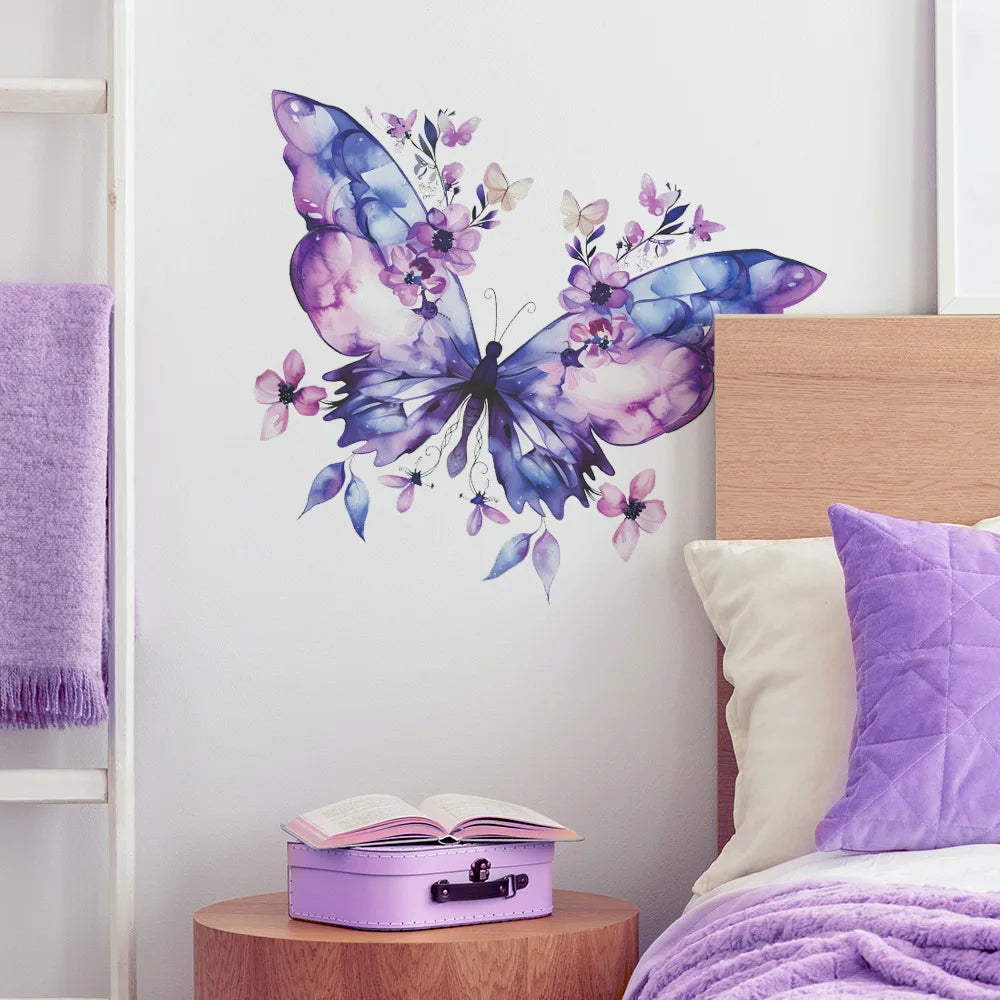 Fleurs violettes papillon fille chambre porche fond décoration exquise stickers muraux décoration murale