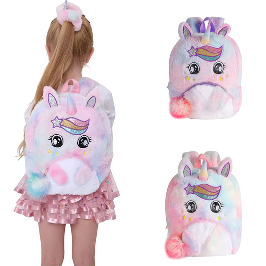 Sac à dos pour filles de maternelle Sac à dos en peluche de dessin animé licorne pour enfants avec de jolis grands yeux