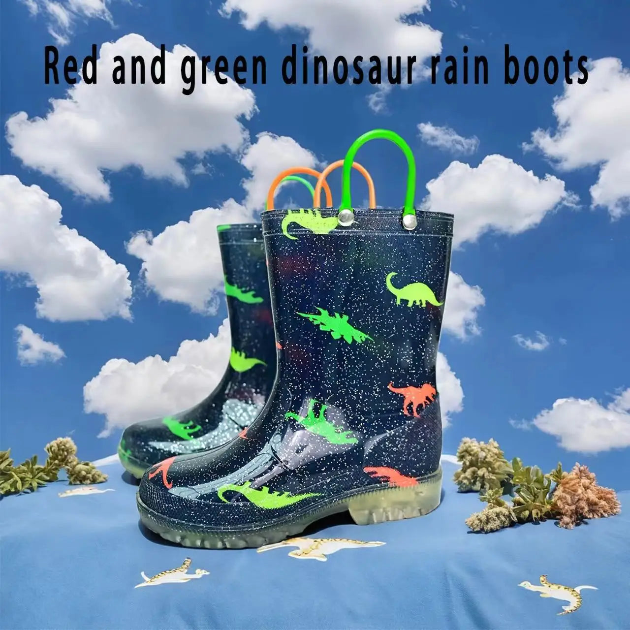 Bottes de pluie en PVC scintillantes de dinosaure de dessin animé mignon pour enfants, chaussures d'eau anti-eau imperméables 26-32