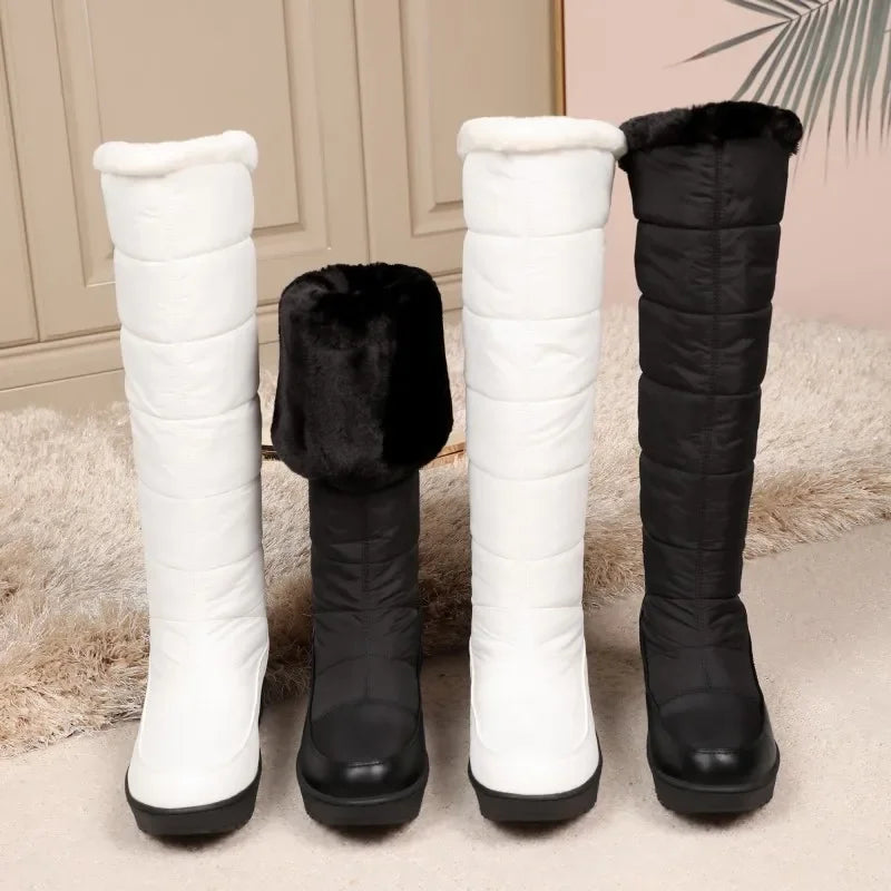 Bottes de neige compensées au genou pour femmes et filles, chaussures de pluie pour dames, noir et blanc, fourrure chaude, peluche, décontracté, imperméable, hiver