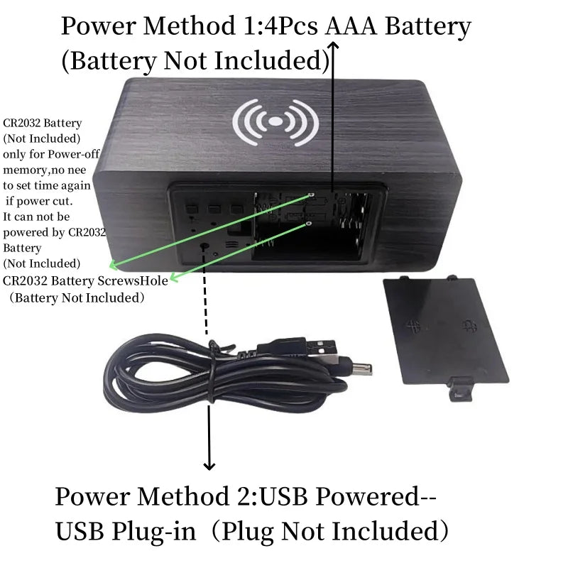 VORRINC Réveil Numérique Bois avec Chargeur sans Fil, Réveil Numérique en Bois avec Affichage LED de l'Heure, de la Température, Contrôle Sonore pour Bureau de Chambre (Noir)