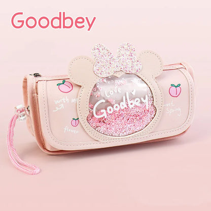 Sable mouvant chat crayon étui mignon sac à crayons Trois couches Grand étui à stylo filles kawaii Papeterie sac dessin animé animaux stylo