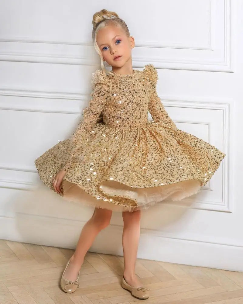 Robe de princesse à manches longues et col rond pour enfants, vêtements pour enfants, paillettes dorées, nœud papillon