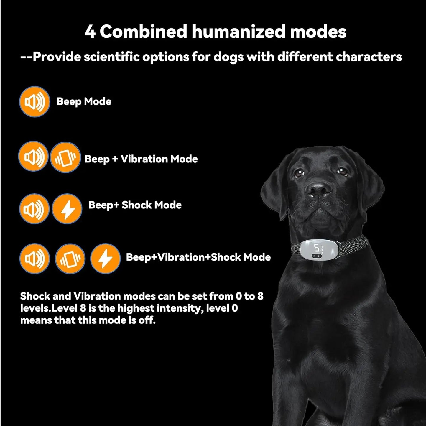 Collier pour chien anti-aboiement automatique avec 8 sensibilités réglables, 0-8 niveaux de modes de bip de choc de vibration, pour les chiens