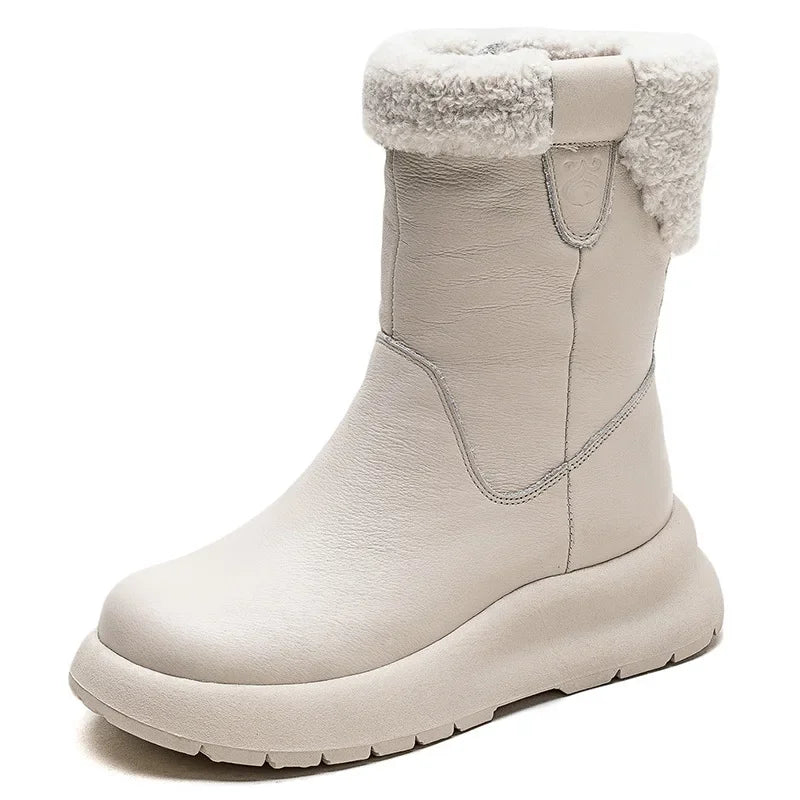 Careaymade-Bottes de neige mi-longues en cuir véritable pour femme