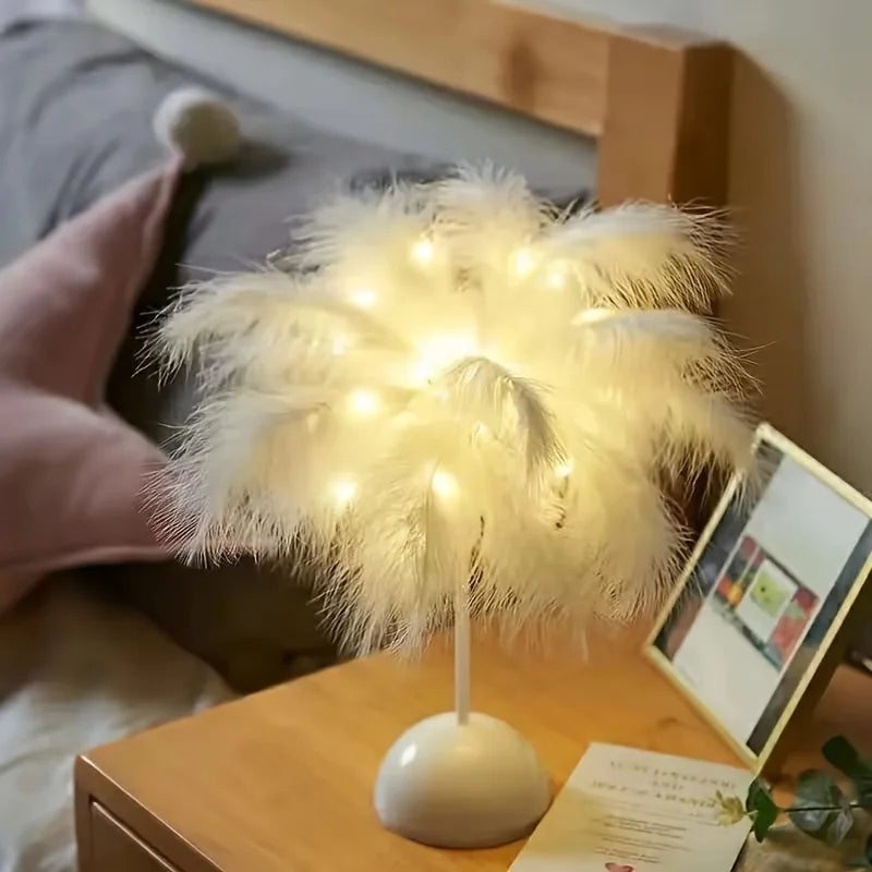 Lampe de table créative en plumes d'arbre à lumière blanche chaude