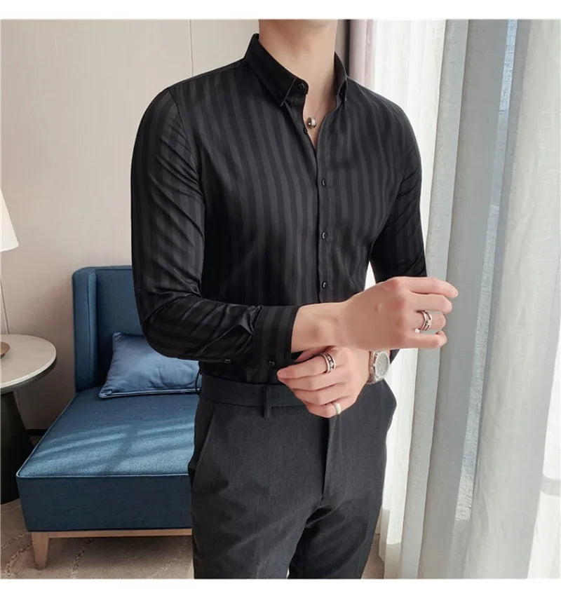 Printemps Automne Chemise rayée à manches longues pour hommes