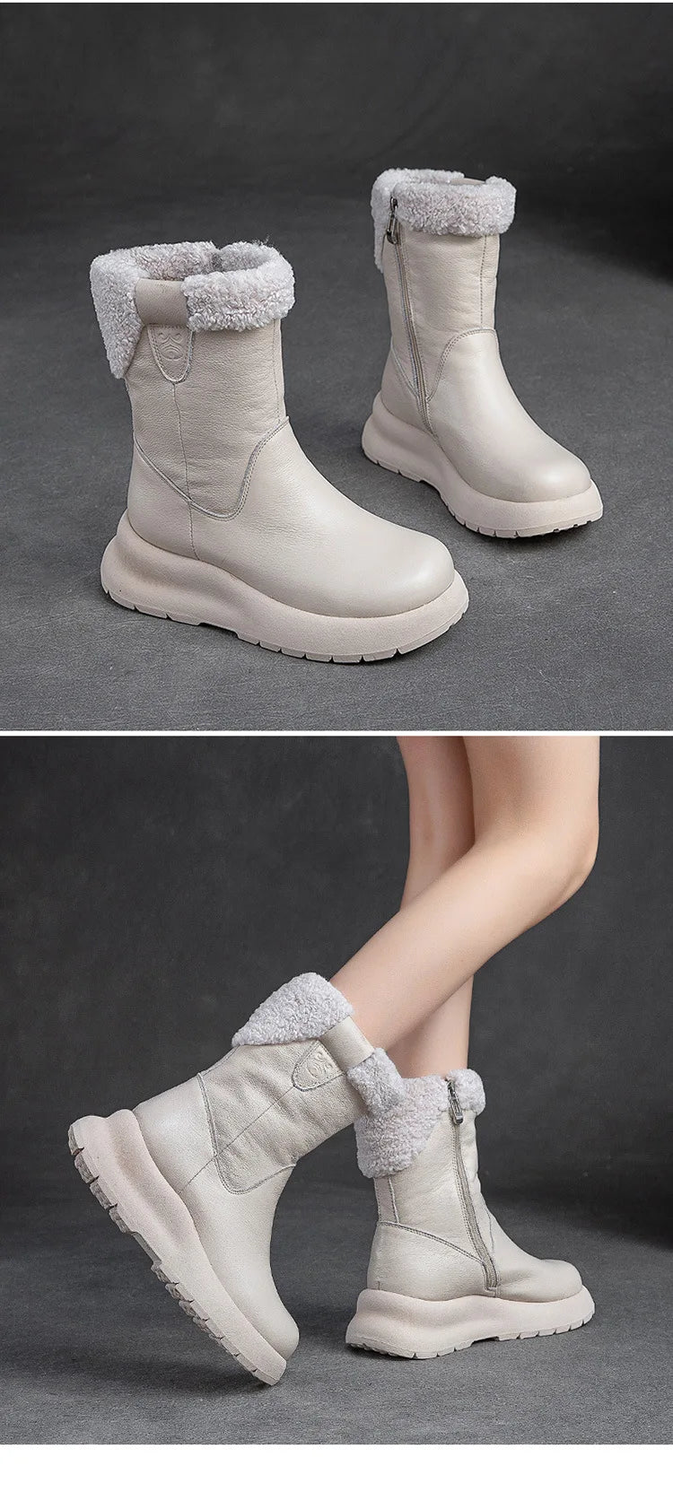 Careaymade-Bottes de neige mi-longues en cuir véritable pour femme