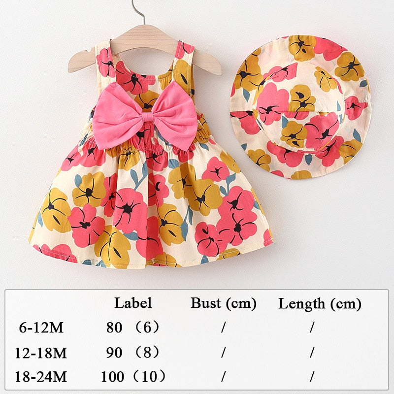 Robe Imprimée Intégrale Avec Des Fleurs Pour Enfant En Bas Âge Et Chapeau, Jolie Robe Sans Manches Avec Nœud Décoratif, Vêtements Pour Bébé Fille Pour L'été