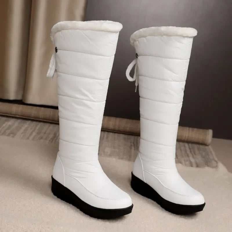 Bottes de neige compensées au genou pour femmes et filles, chaussures de pluie pour dames, noir et blanc, fourrure chaude, peluche, décontracté, imperméable, hiver