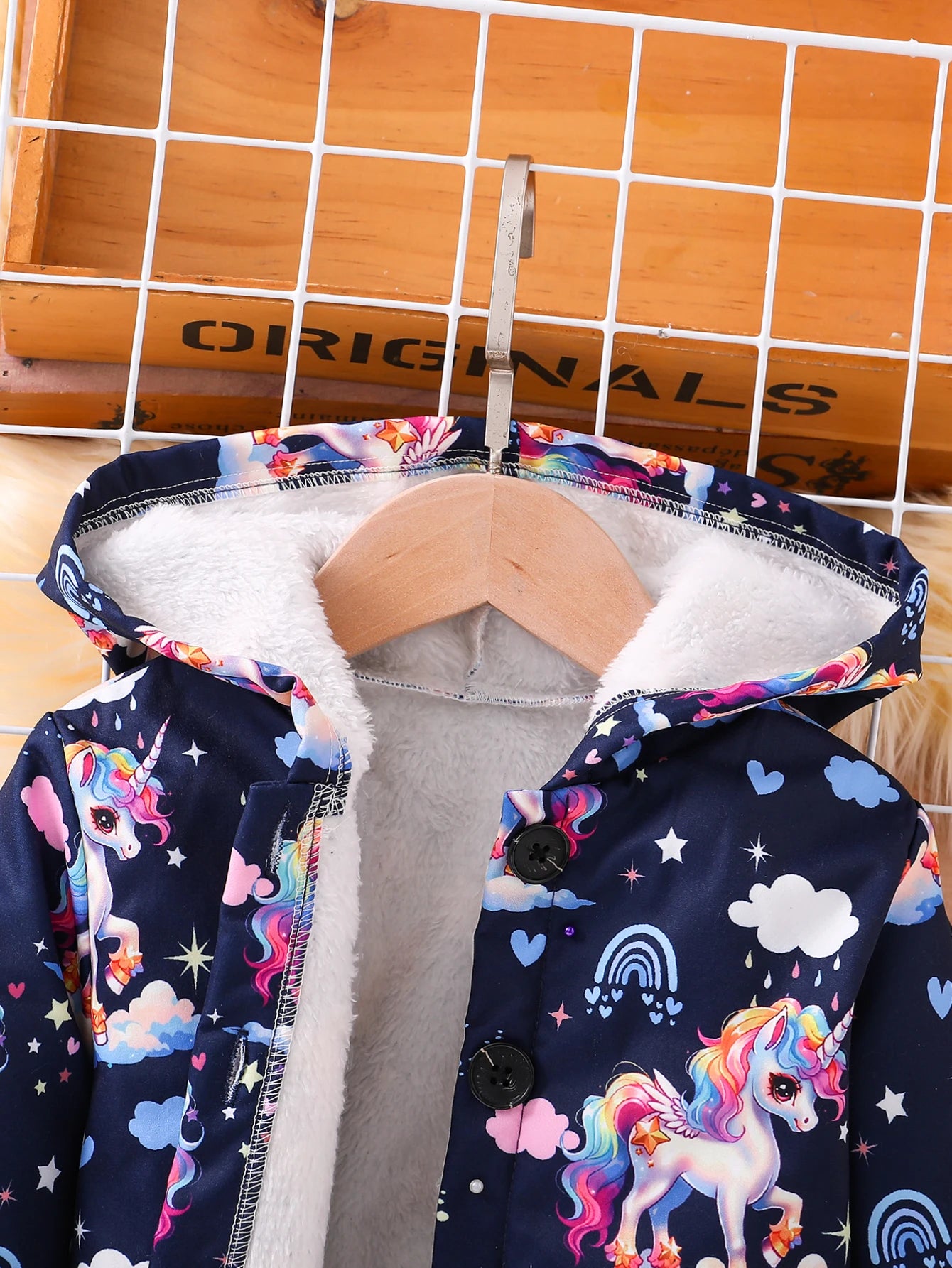 Veste vintage à simple boutonnage pour fille, capuche en peluche, imprimé nuage blanc arc-en-ciel