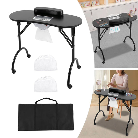 Table de Manucure Table à Manucure Pliable Professionnelle Table Onglerie Table de Manucure Pratique Avec Ventilateur,Roues, Sac à Main, Sac à Poussière et Tapis de Poignet(90*40*72.5cm) (Noir)