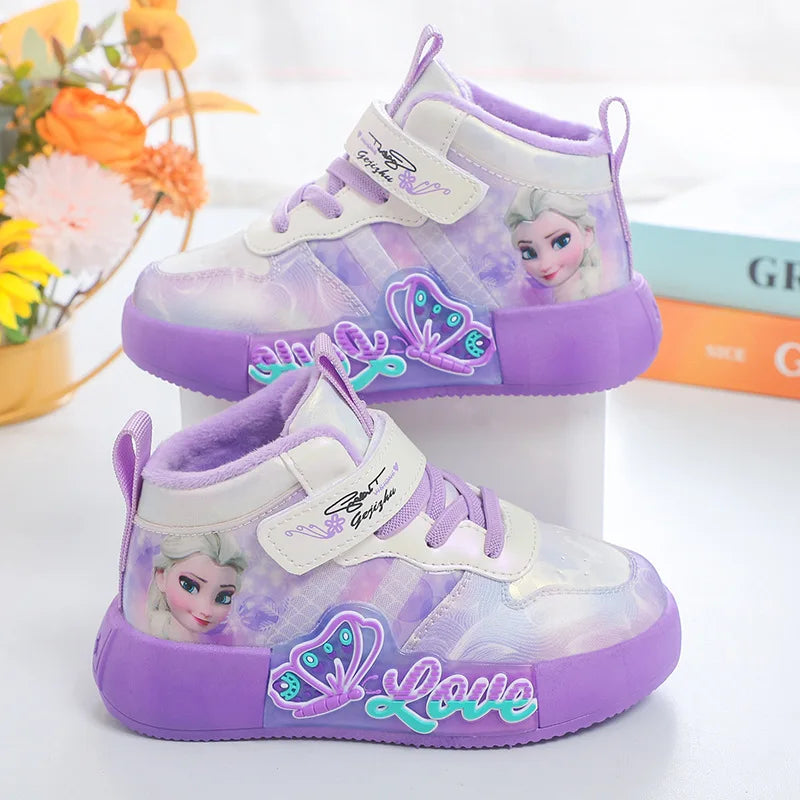 Disney Princess Elsa High Top Casual Board Shoes Automne et Hiver Pour Enfants Plus Chaussures de sport en peluche 7-13