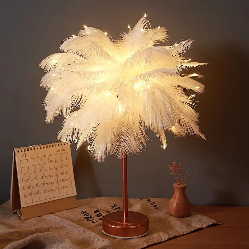 Lampe de Table en Plumes d'Arbre Créative avec Télécommande