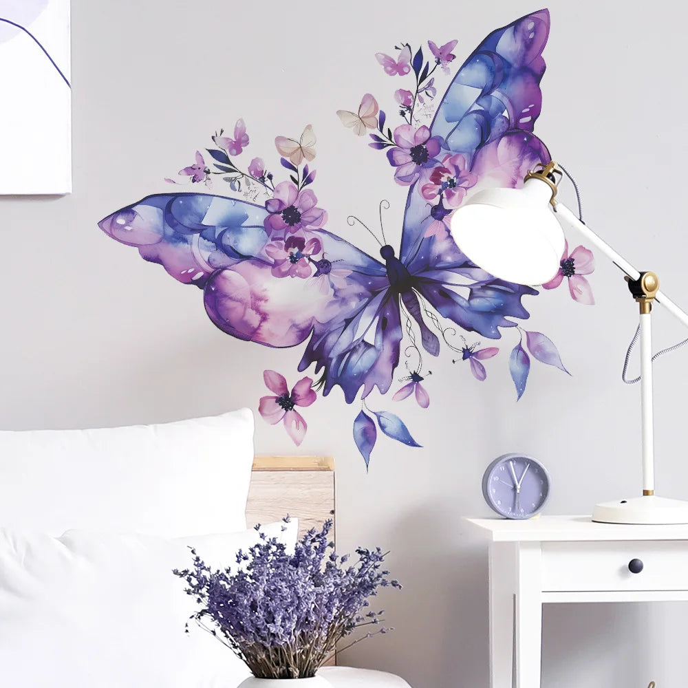 Fleurs violettes papillon fille chambre porche fond décoration exquise stickers muraux décoration murale