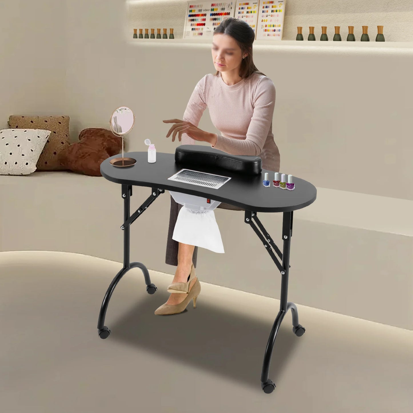 Table de Manucure Table à Manucure Pliable Professionnelle Table Onglerie Table de Manucure Pratique Avec Ventilateur,Roues, Sac à Main, Sac à Poussière et Tapis de Poignet(90*40*72.5cm) (Noir)