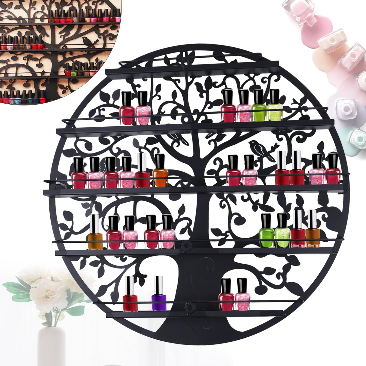 Support mural pour vernis à ongles, étagère de rangement nar, noir avec silhouette d'arbre, stockage d'huile rond