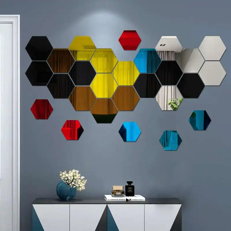 12pcs 3D Hexagone Miroir Mural Autocollant Rose Or DIY TV Fond Salon Autocollants Décoration Murale Chambre Salle de Bain Décoration Intérieure