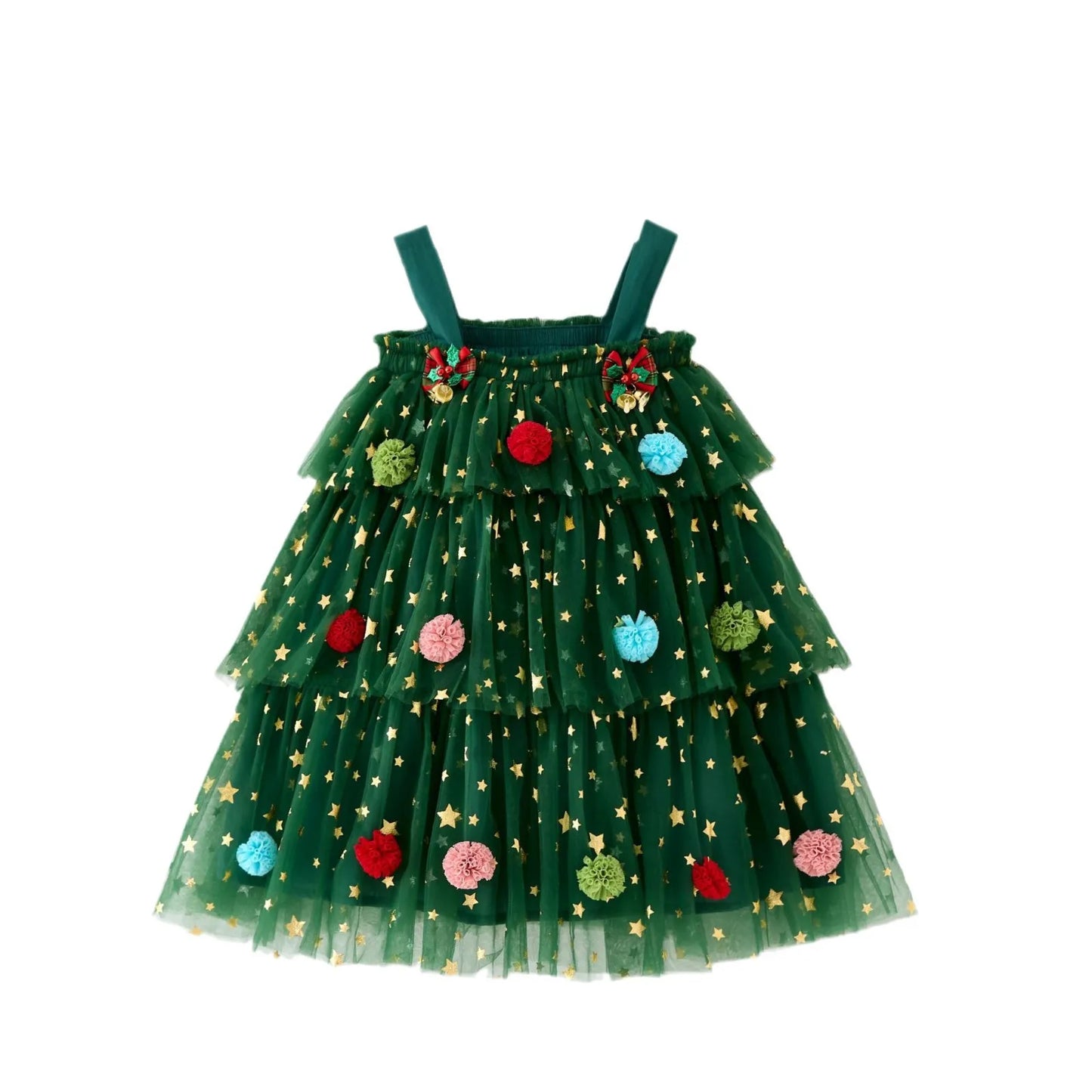 Robe de Noël filles bretelle sans manches étoile imprimé dentelle superposée tulle robe d’été avec épingle à cheveux arbre de Noël