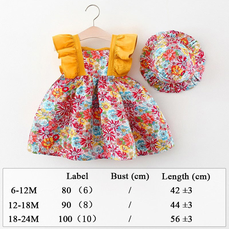 Robe Imprimée Intégrale Avec Des Fleurs Pour Enfant En Bas Âge Et Chapeau, Jolie Robe Sans Manches Avec Nœud Décoratif, Vêtements Pour Bébé Fille Pour L'été