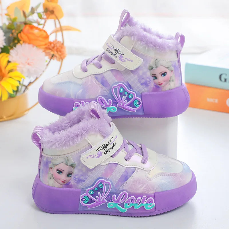 Disney Princess Elsa High Top Casual Board Shoes Automne et Hiver Pour Enfants Plus Chaussures de sport en peluche 7-13