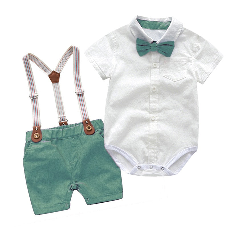 Ensemble Deux Pièces Pour Bébé Garçon, Style Gentleman Fashion, Chemise À Manches Courtes À Col Boutonné Avec Nœud Mignon Et Short À Bretelles