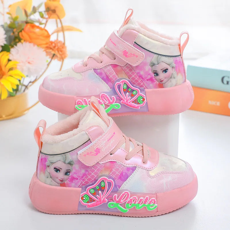 Disney Princess Elsa High Top Casual Board Shoes Automne et Hiver Pour Enfants Plus Chaussures de sport en peluche 7-13