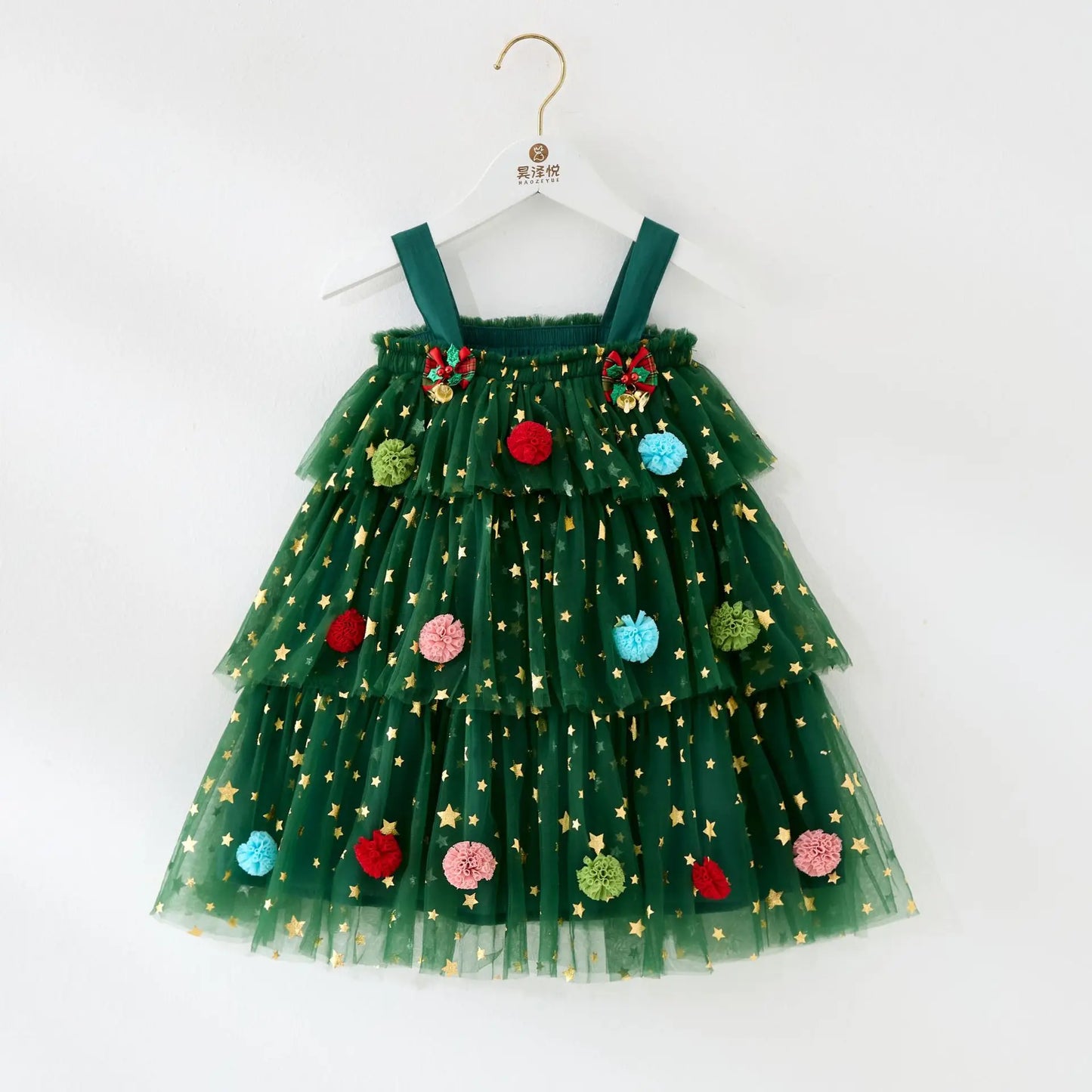 Robe de Noël filles bretelle sans manches étoile imprimé dentelle superposée tulle robe d’été avec épingle à cheveux arbre de Noël