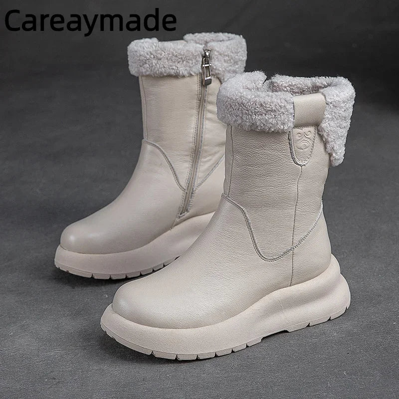 Careaymade-Bottes de neige mi-longues en cuir véritable pour femme