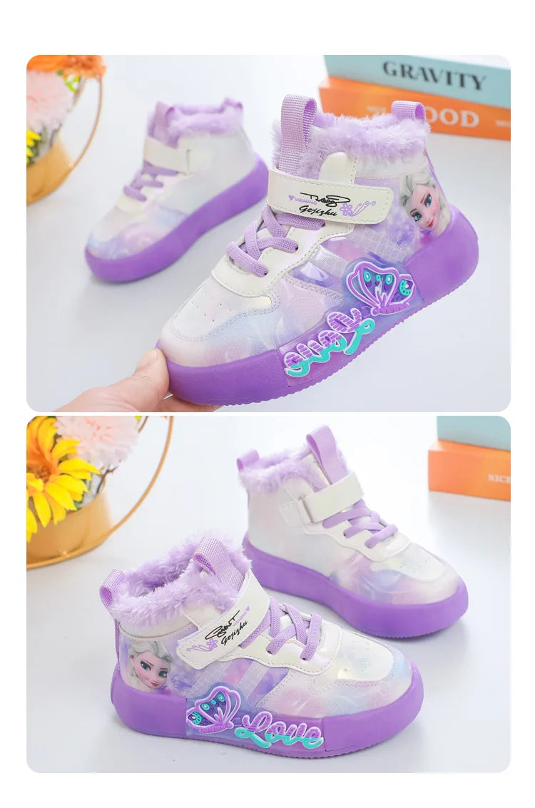 Disney Princess Elsa High Top Casual Board Shoes Automne et Hiver Pour Enfants Plus Chaussures de sport en peluche 7-13