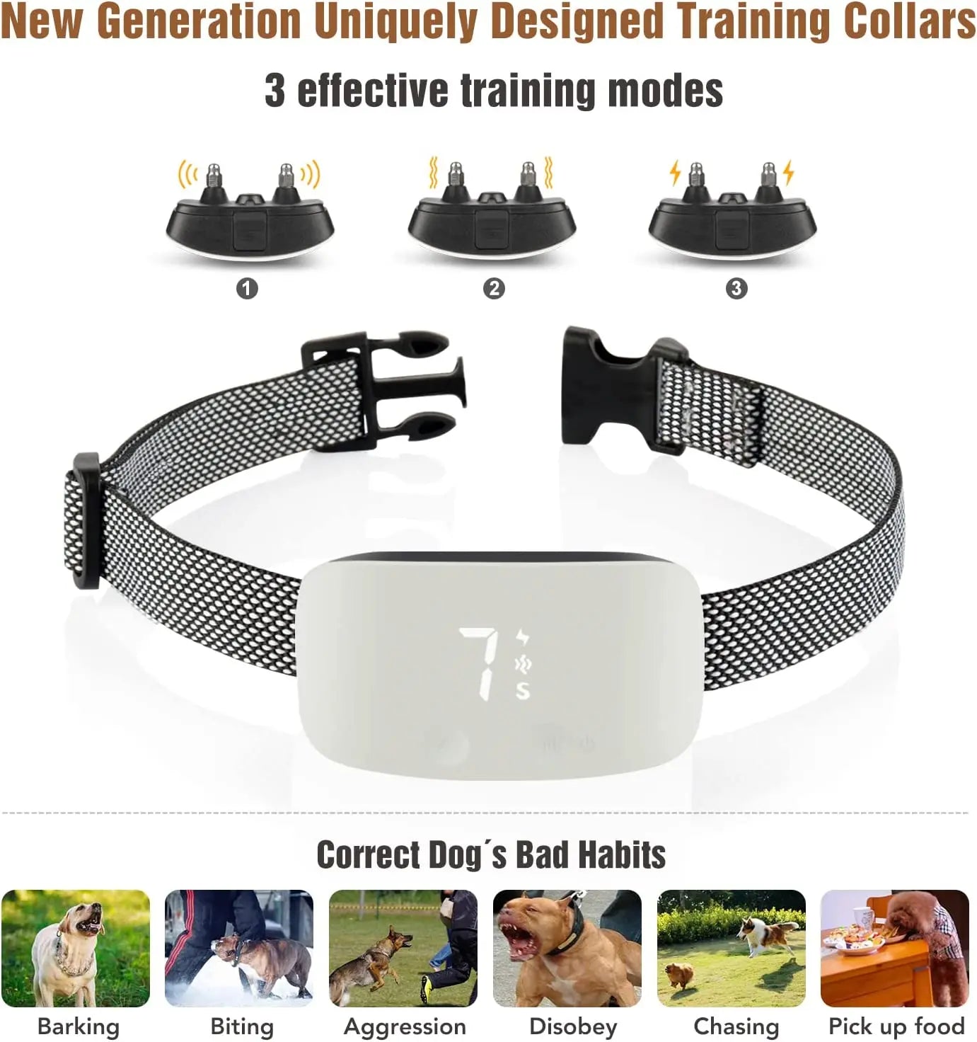 Collier anti-aboiements NED pour chiens, collier de dressage anti-aboiement rechargeable avec 7 vibrations réglables de sensibilité et d'intensité pour les chiens de petite, moyenne et grande taille