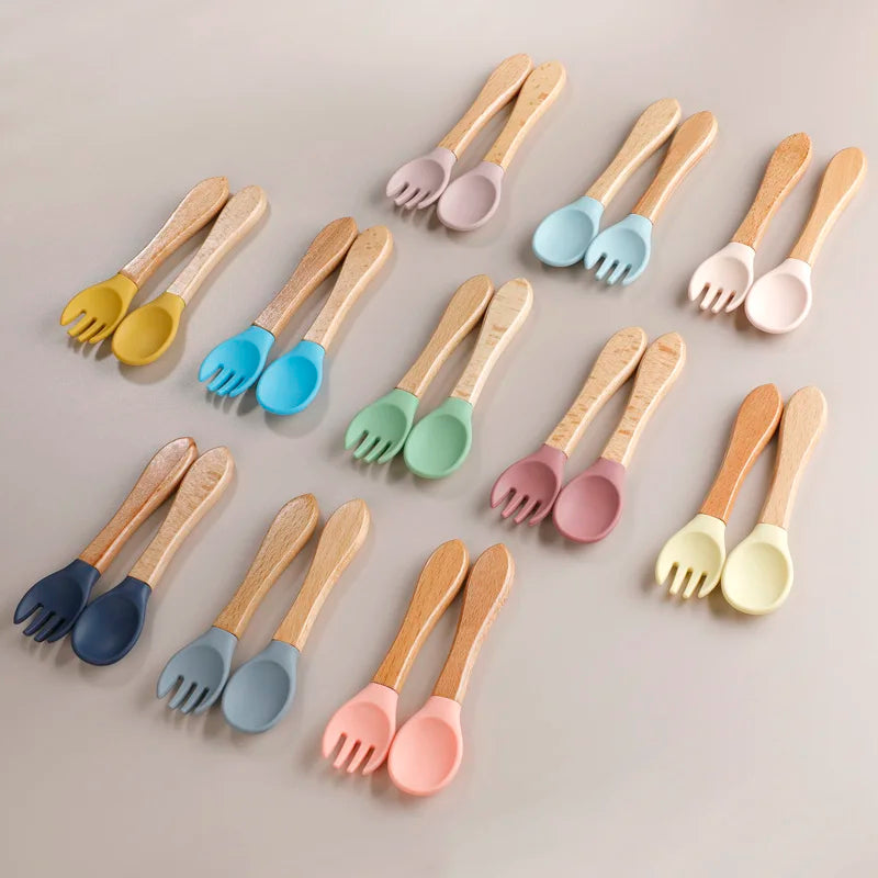 Ensemble Bambou Pour Bébé Bois Embouts En Silicone Souple Cuillère Fourchette Pour Bébé Avec Une Forte Cuillère Fourchette Pour Les Bébés